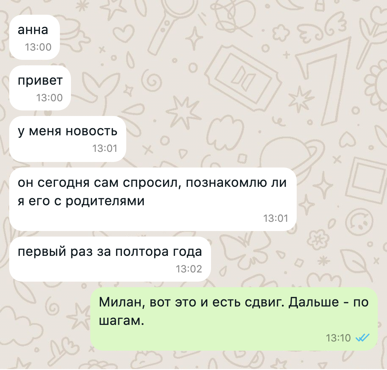 Переписка в WhatsApp с отзывом о раскладе