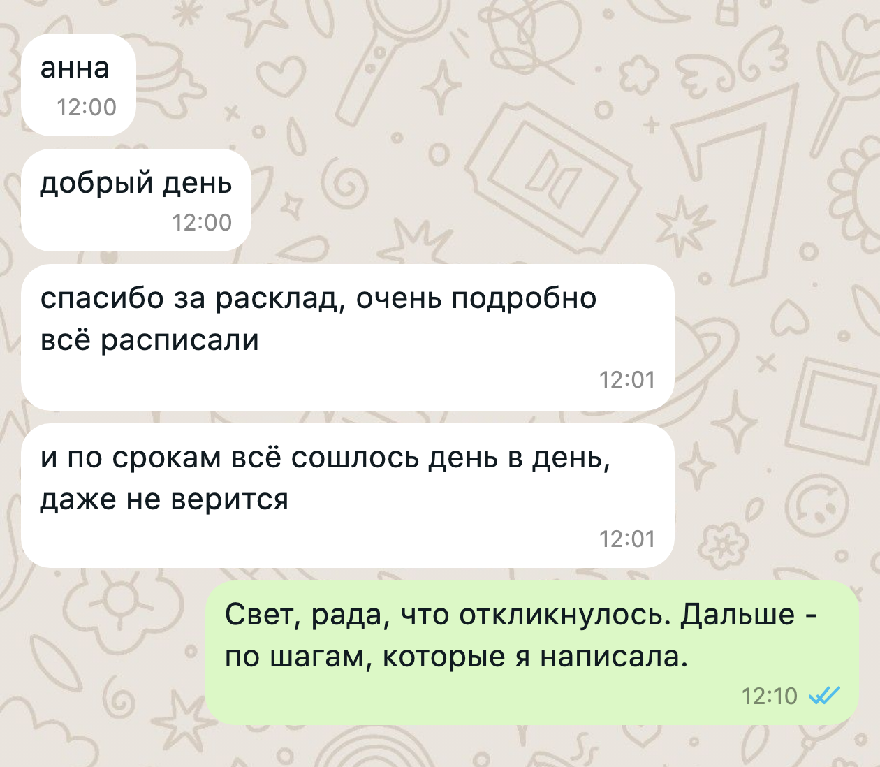 Переписка в WhatsApp с отзывом о раскладе
