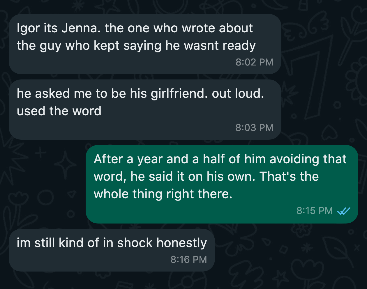 WhatsApp message from a client after the work