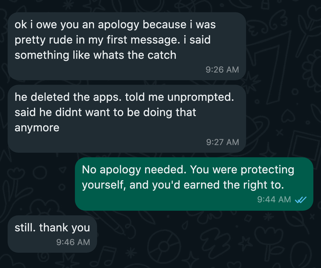 WhatsApp message from a client after the work