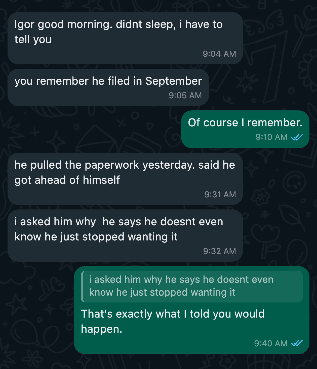 WhatsApp message from a client after the work