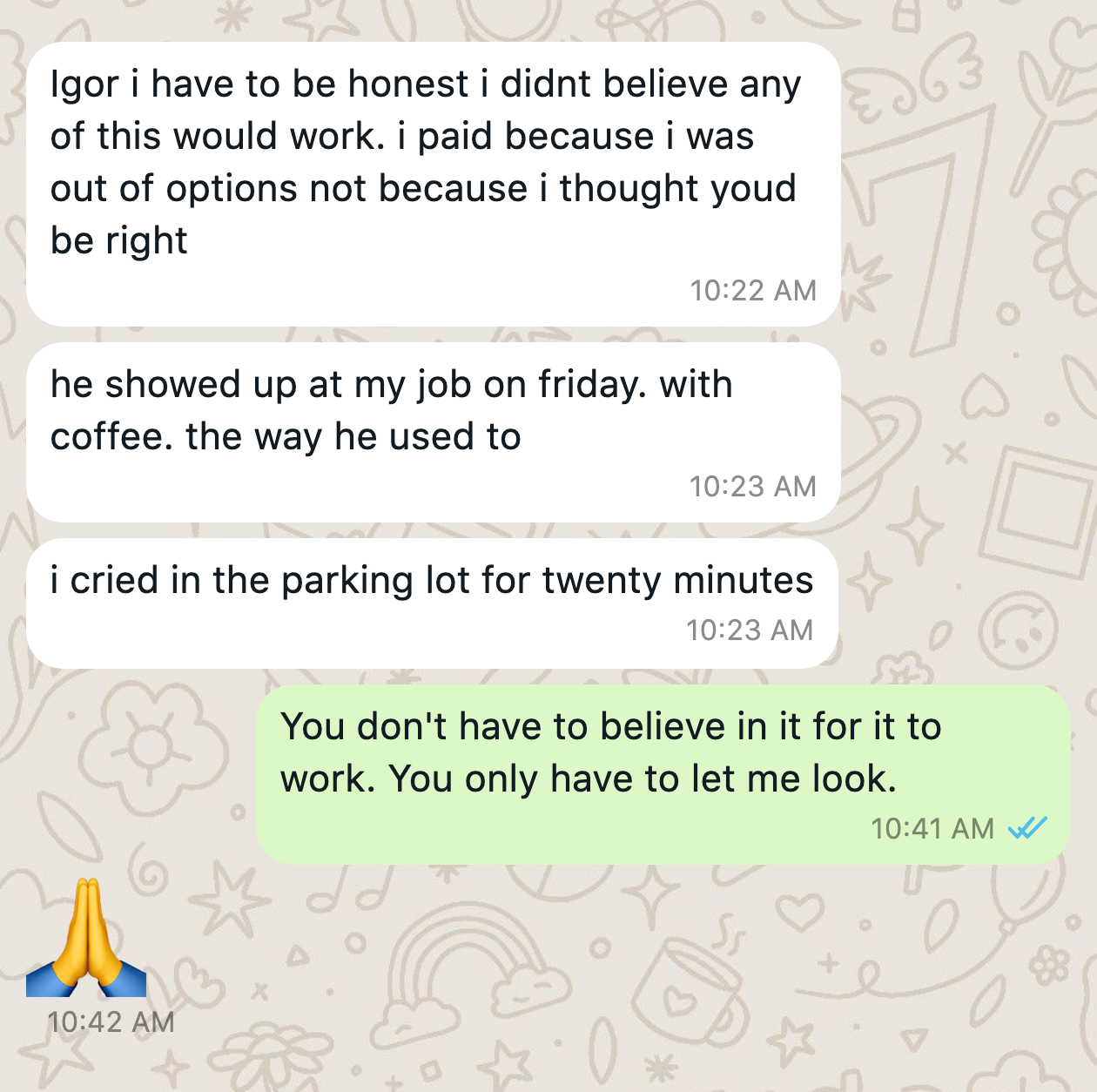WhatsApp message from a client after the work
